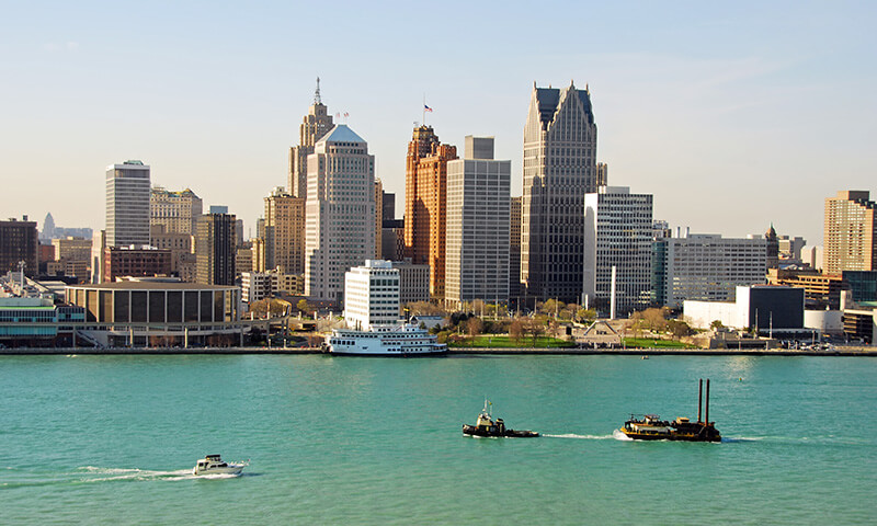 Troy MI view with tall buildings and the lake